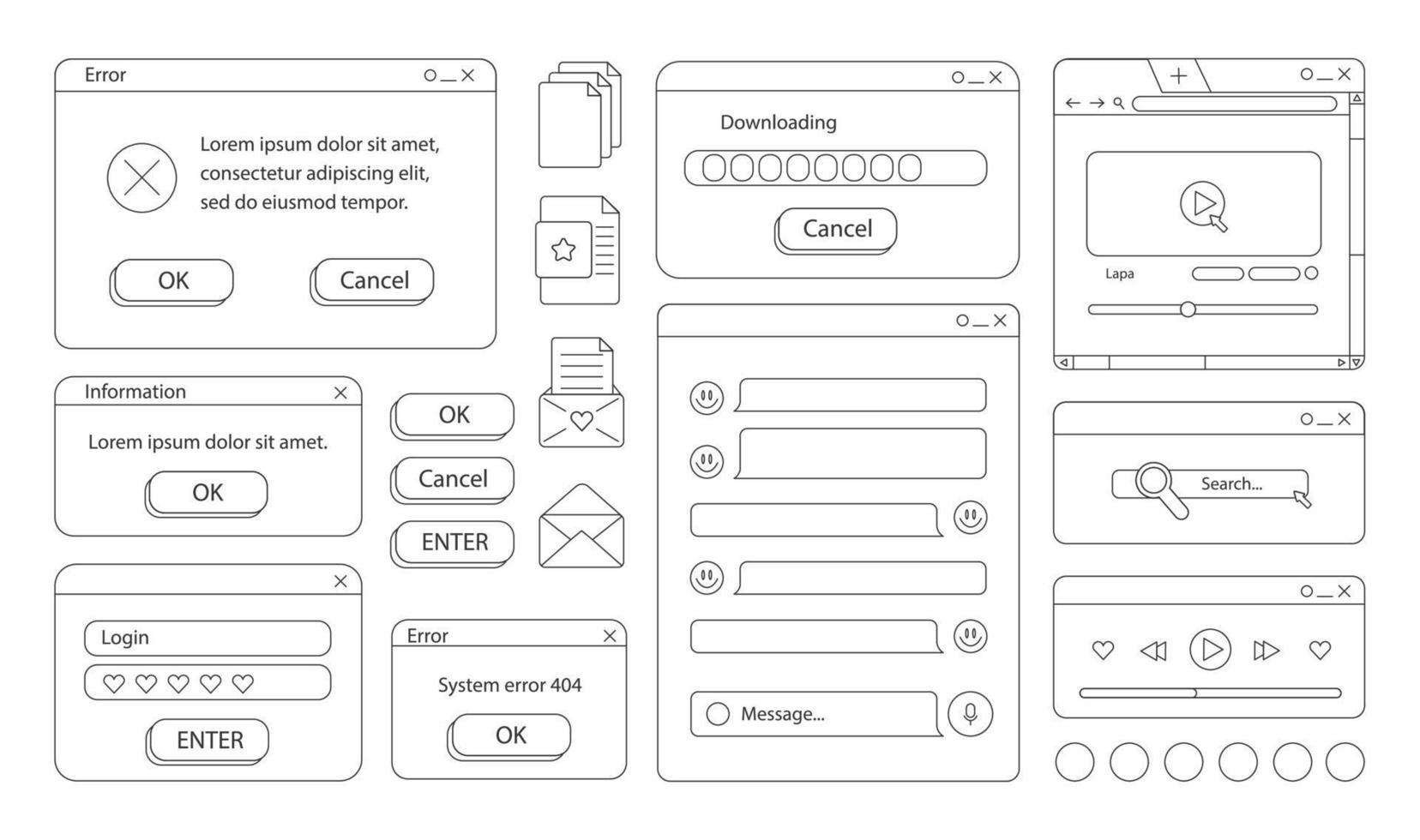 einstellen von retro Aufkleber. Gekritzel Stil. alt Desktop Benutzer Schnittstelle Elemente. süß nostalgisch Computer ui, Jahrgang ästhetisch Symbole und Fenster Vektor Satz. Lager stilvoll Grafik. Färbung Buch zum Kinder