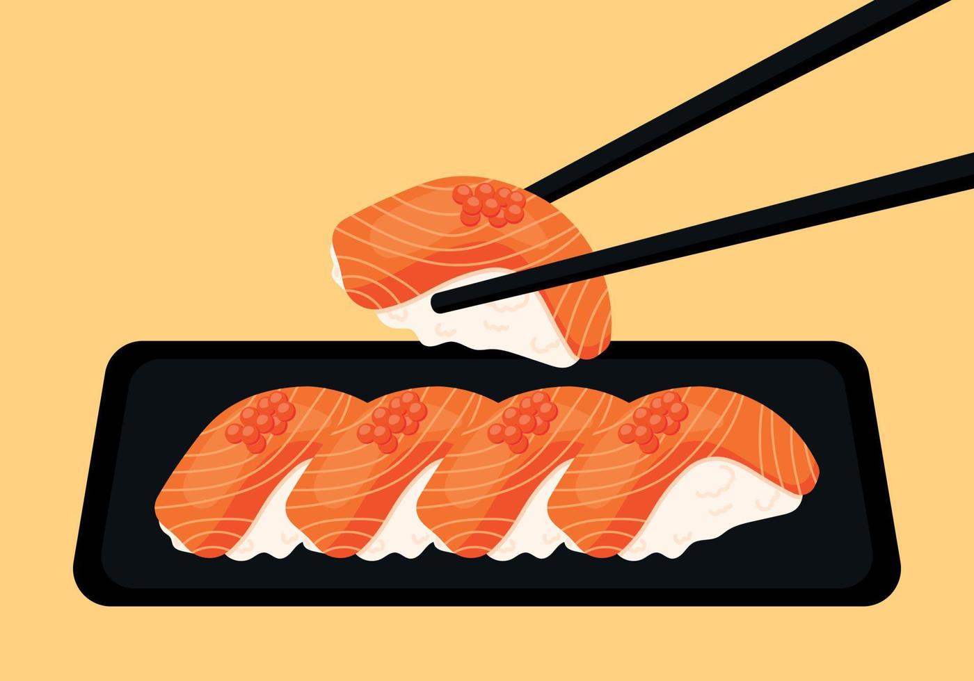 Lachs Sushi auf ein schwarz Teller animiert Karikatur Vektor Illustration