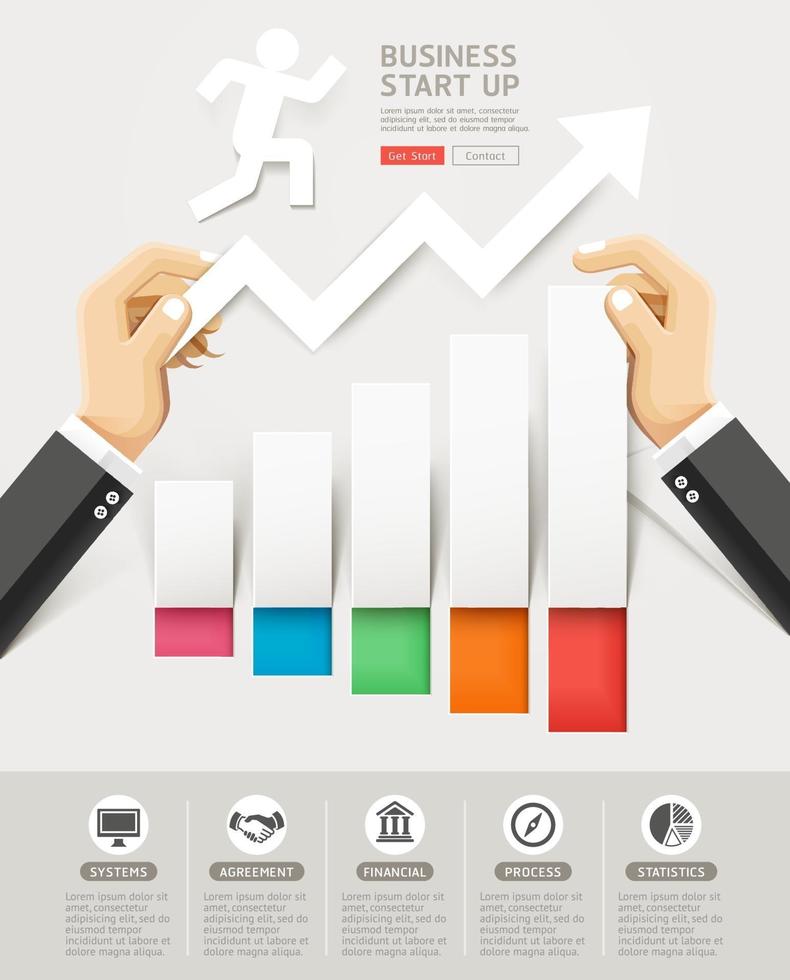 affärsstart konceptuell design. hand som håller pappersskuren infographics. vektor illustrationer.