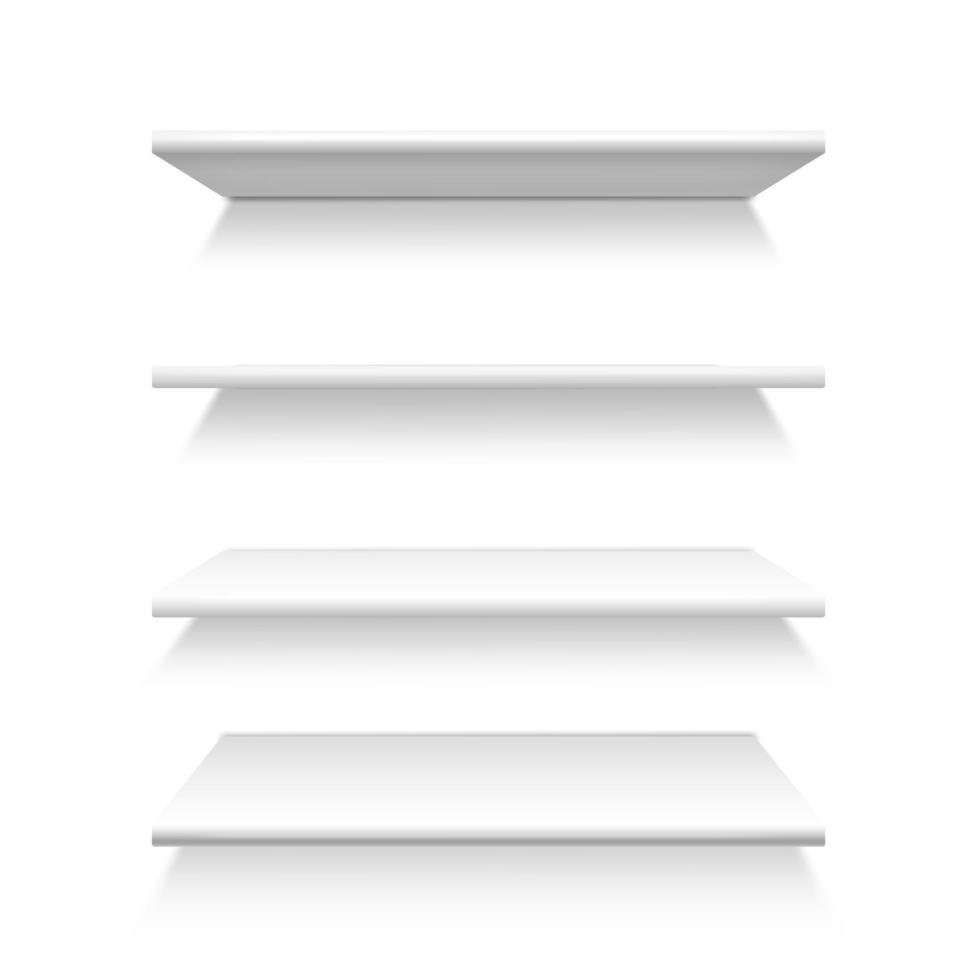 layout av fyra vit hyllor på de vägg, i perspektiv. hyllor för lagring, mall för reklam. isolerat på vit bakgrund vektor