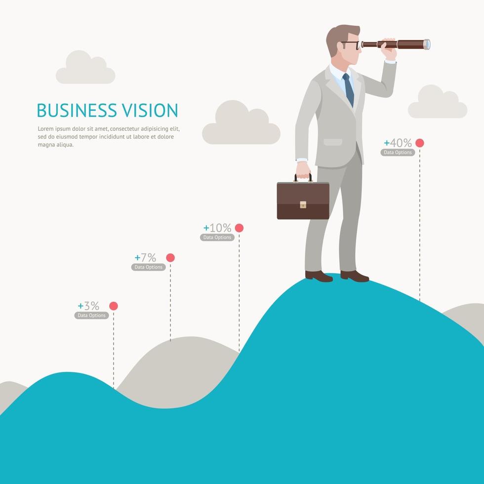 affärsvisionskoncept. affärsman som ser genom kikare som står på en bergdiagram. vektor illustration.