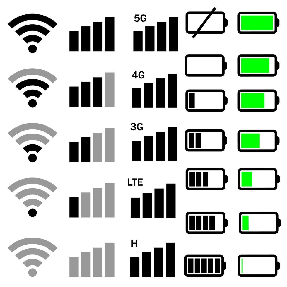 mobil telefon systemet ikoner vektor uppsättning. wiFi signal styrka illustration tecken samling. batteri avgift nivå symbol.