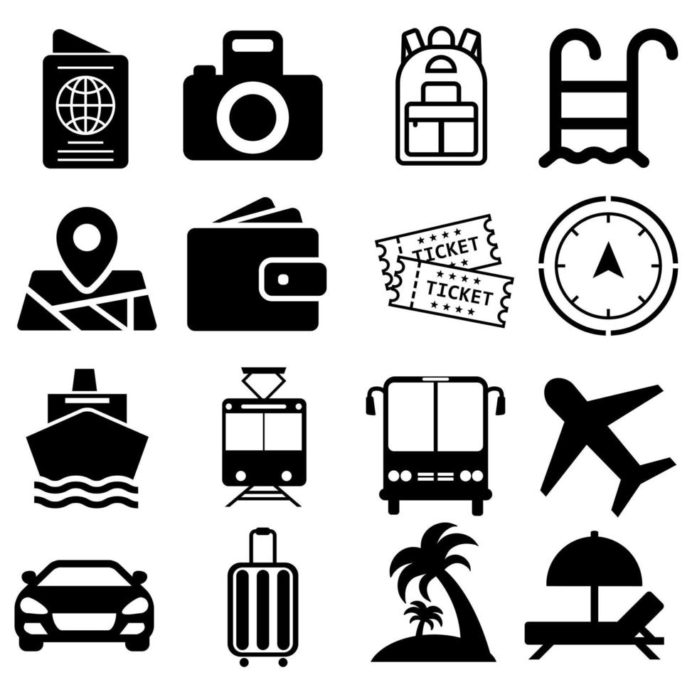 Tour Vektor Symbole Satz. Reise Illustration Symbol Sammlung. enthält eine solche Symbol wie Fahrkarte, Transport, Strand, Kompass, Reisepass.