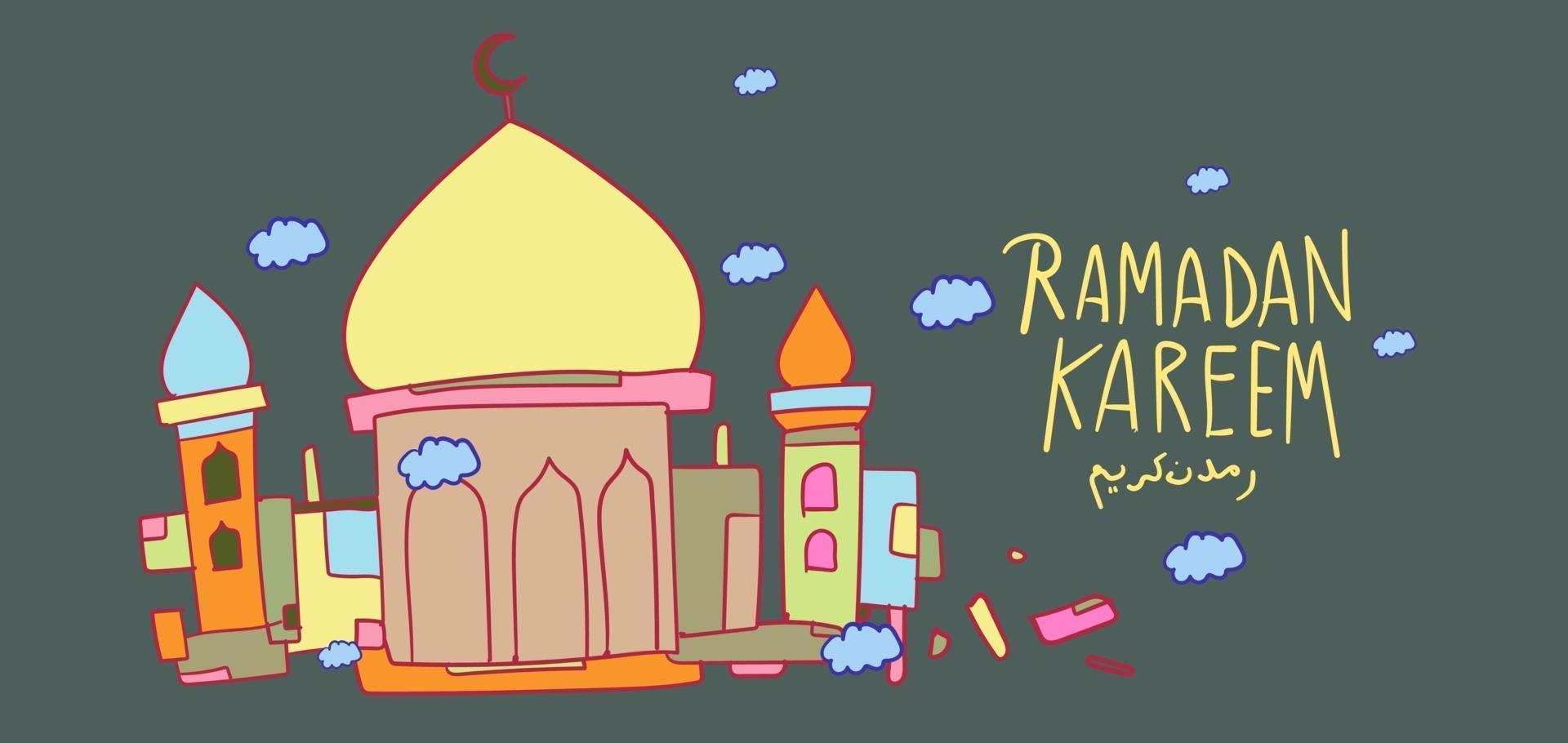 ramadan kareem islamisk moské barn handritad hälsning vektor