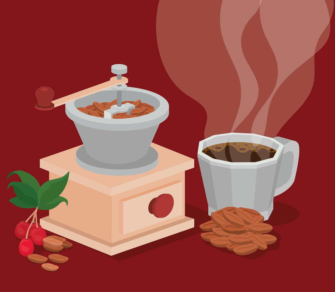 Kaffeemühle, Becher, Bohnen, Beeren und Blätter Vektor-Design vektor