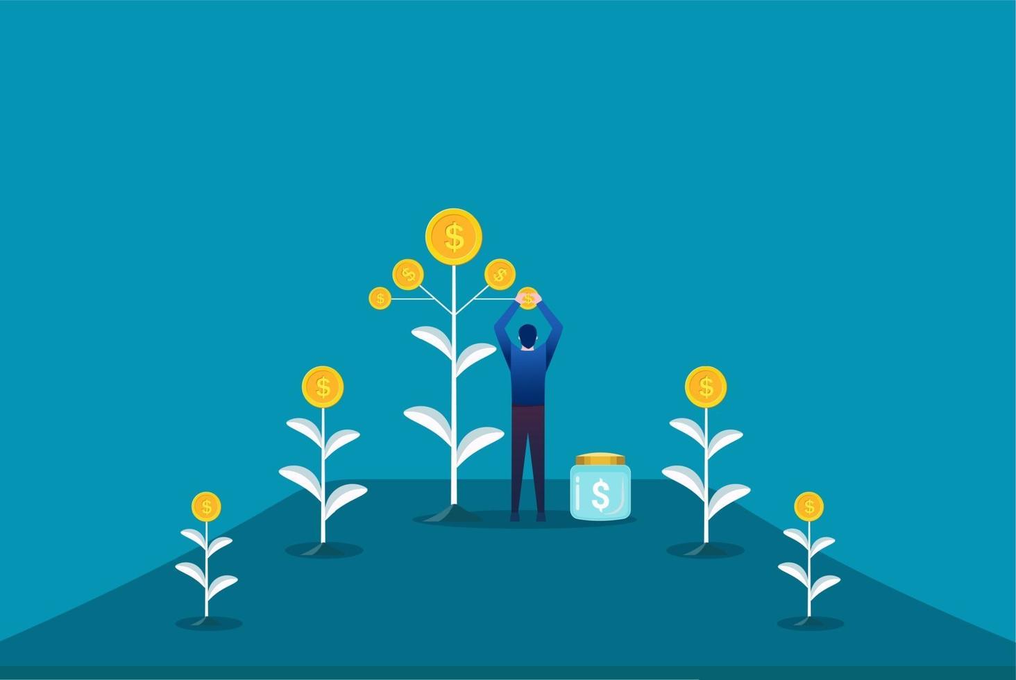 Bauer pflanzt einen Geldbaum und pflückt Dollars. finanzielle Gewinnwachstum Vektor-Illustration. Kapitalrendite vektor