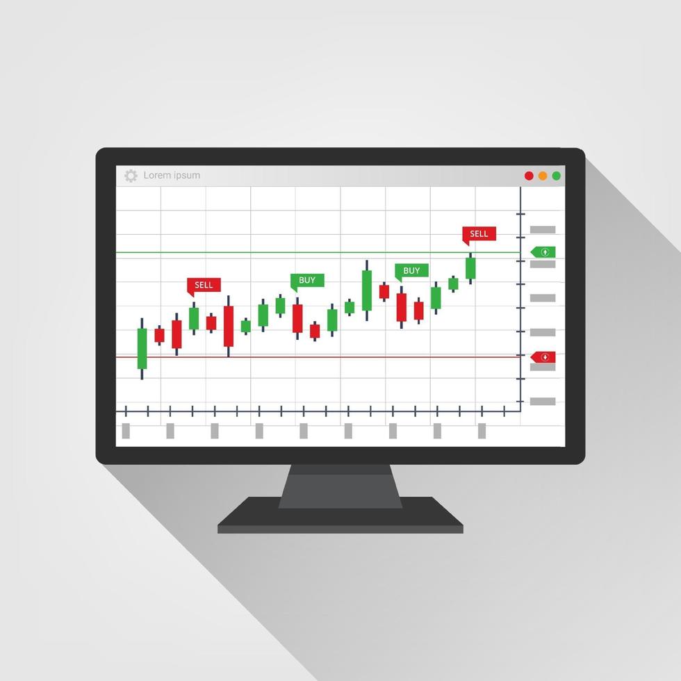 Web-Handelsinformationen auf dem Computerbildschirm. Trenddiagramme Berichtskonzept. Statistikdiagramme im Web. Kauf und Verkauf Indikatoren auf dem Candlestick-Diagramm Grafikdesign, Vektor-Illustration vektor