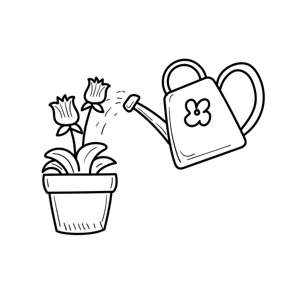 Blume mit ein Bewässerung können Vektor Illustration im handgemalt Stil isoliert auf Weiß Hintergrund