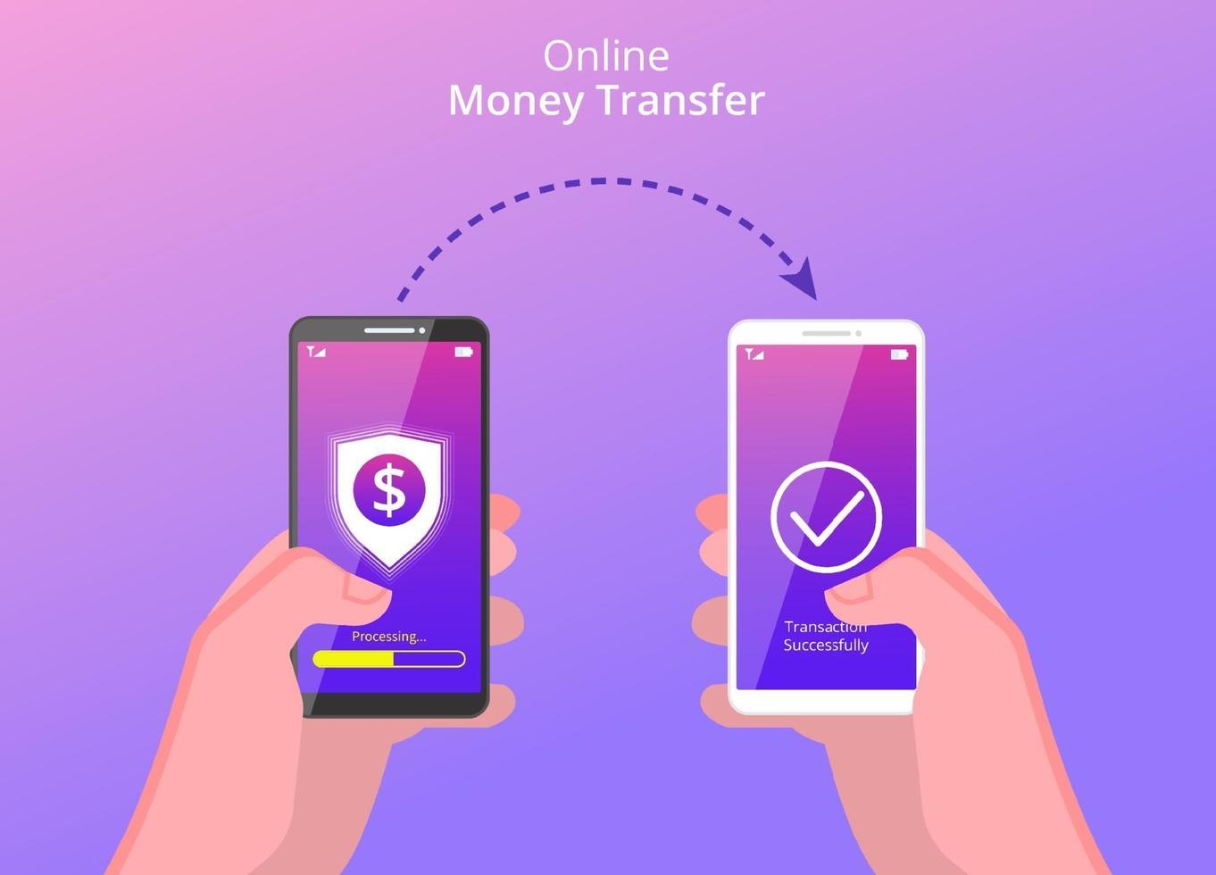 online-pengaröverföringskoncept. händer som håller smartphone för att överföra pengar via internet med sköld, dollar och pilsymbol. kan användas för banner, målsida, flygblad, app för sociala medier vektor