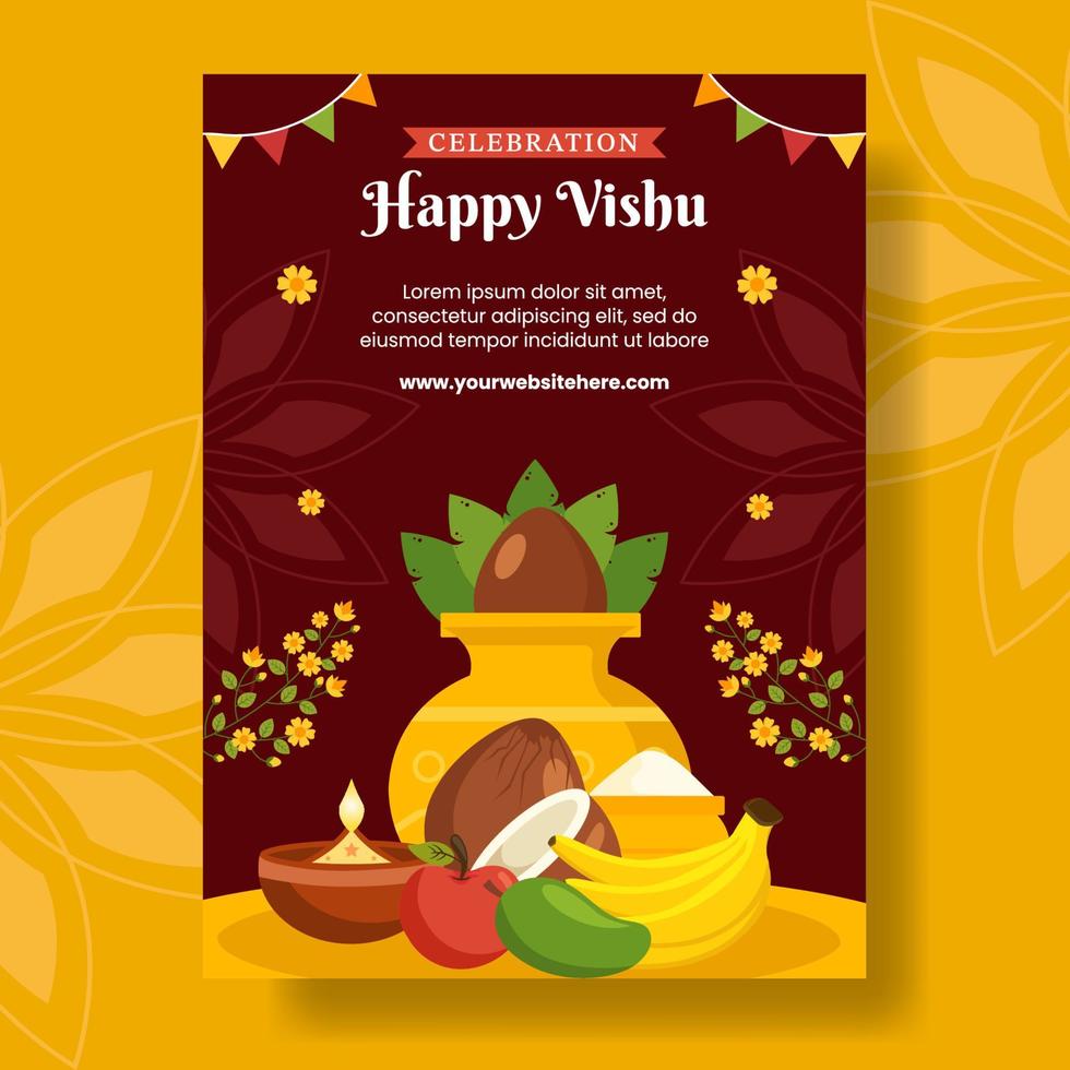 glücklich Vishu Festival Vertikale Poster Karikatur Hand gezeichnet Vorlagen Hintergrund Illustration vektor
