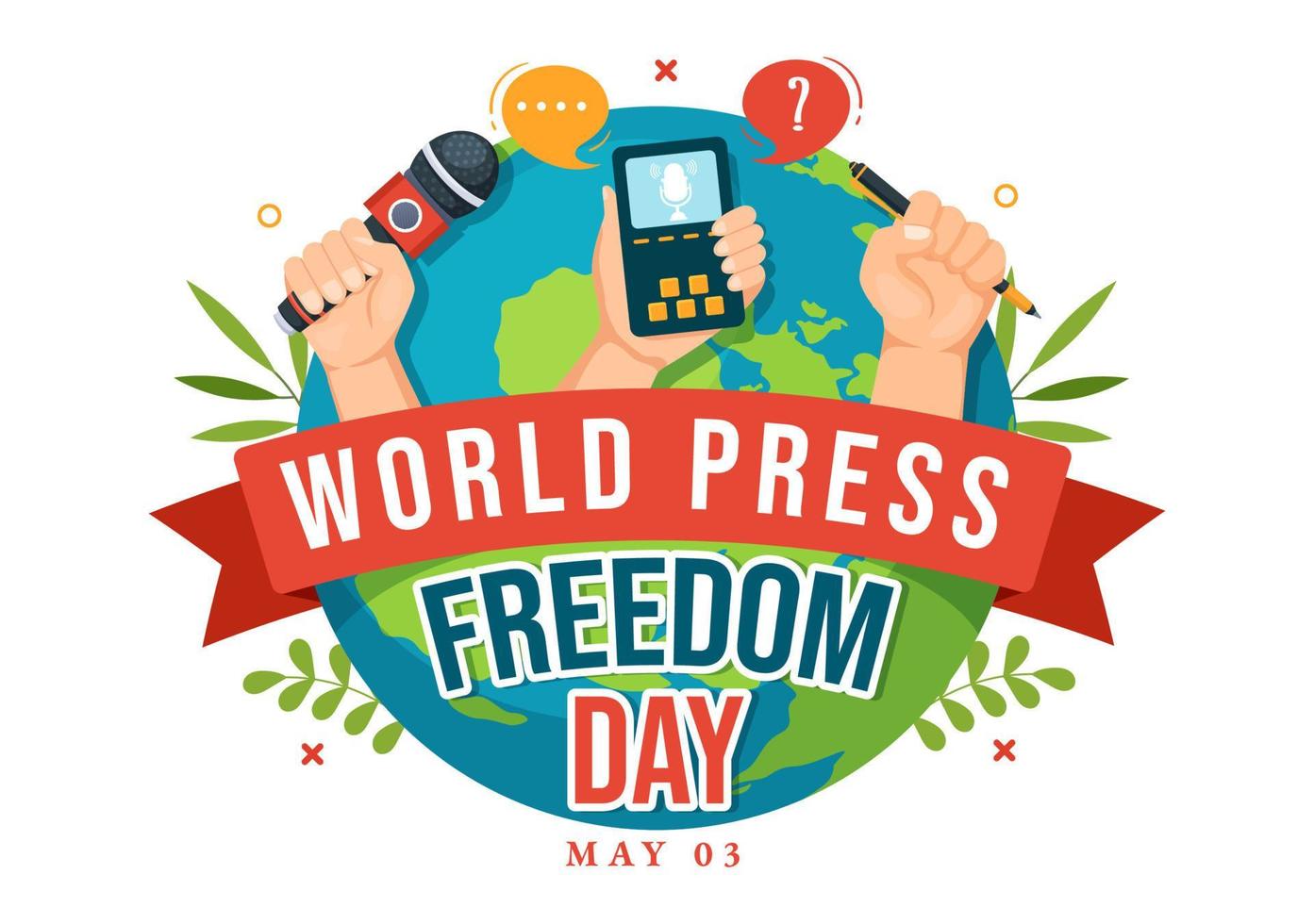 värld Tryck frihet dag på Maj 3 illustration med händer innehav Nyheter mikrofoner för webb baner eller landning sida i platt tecknad serie hand dragen mallar vektor