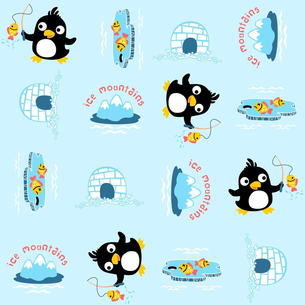 Vektor Karikatur nahtlos Muster von süß Pinguin Angeln mit Iglu und Eis Berg, Norden Pole Elemente