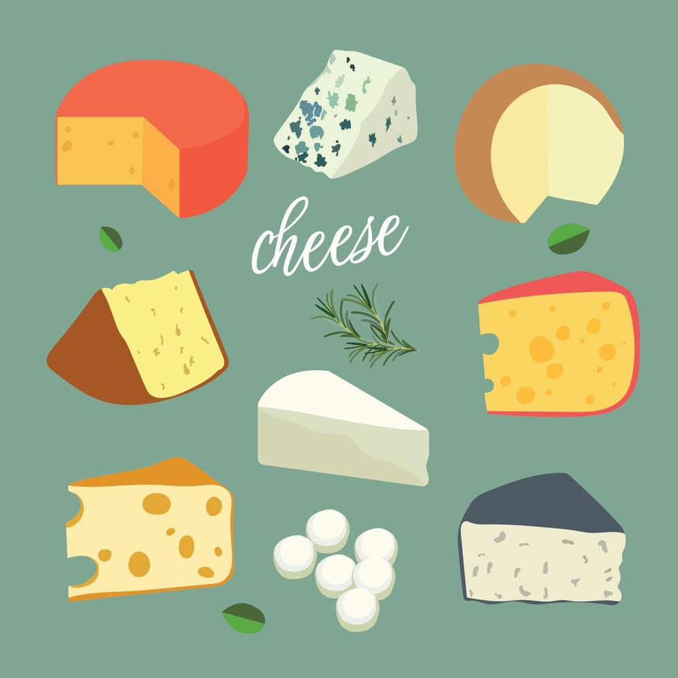 uppsättning med annorlunda typer av ost. ost uppsättning isolerat på grön bakgrund. ett sortiment av hård, mjuk, möglig, kryddat ostar tillverkad från ko, får eller get mjölk. vektor