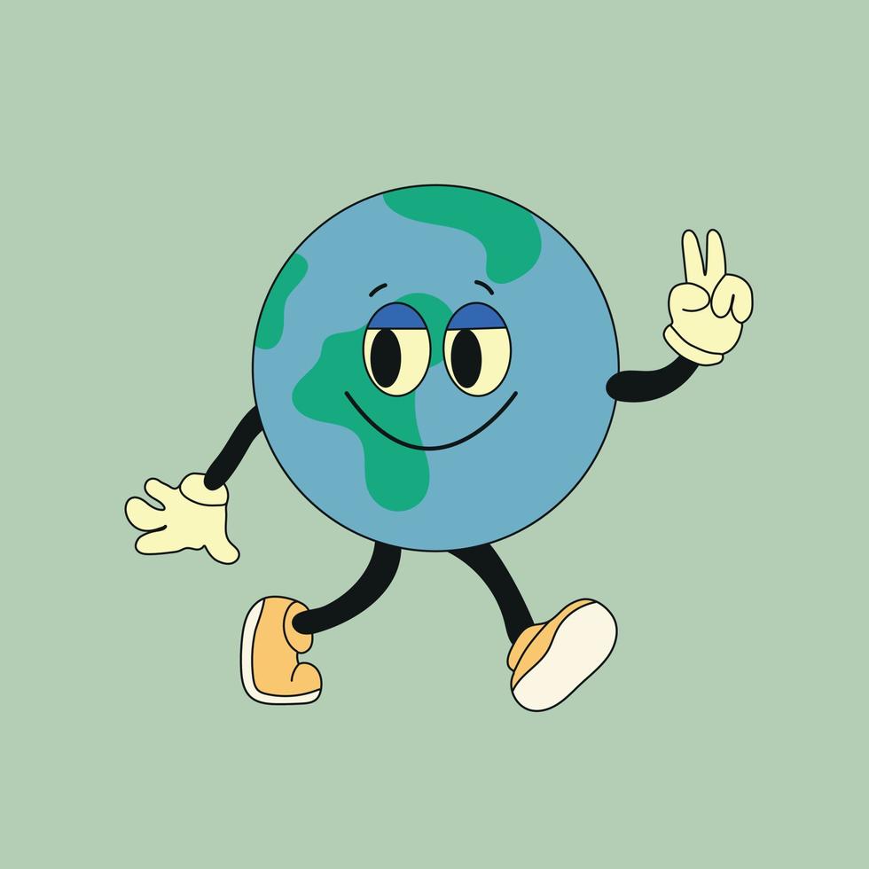 süß Planet Erde Charakter. süß Erde Globus mit Emotionen, Gesicht, Waffen, Beine im Schuhe. Karikatur Stil. Hand gezeichnet Mode Vektor Illustration. Welt Erde Tag, Natur Pflege Konzept