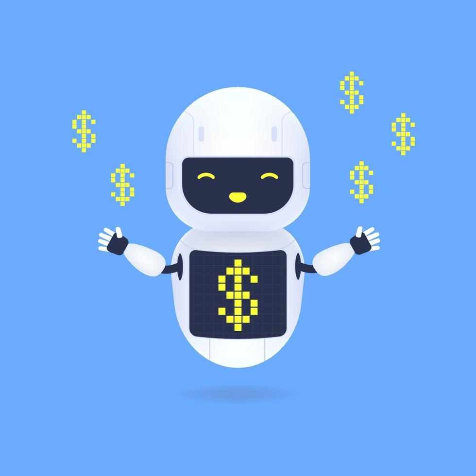 vit vänlig robot med dollartecken symbol på skärmen. koncept för skydd av virtuell hjälp. vektor