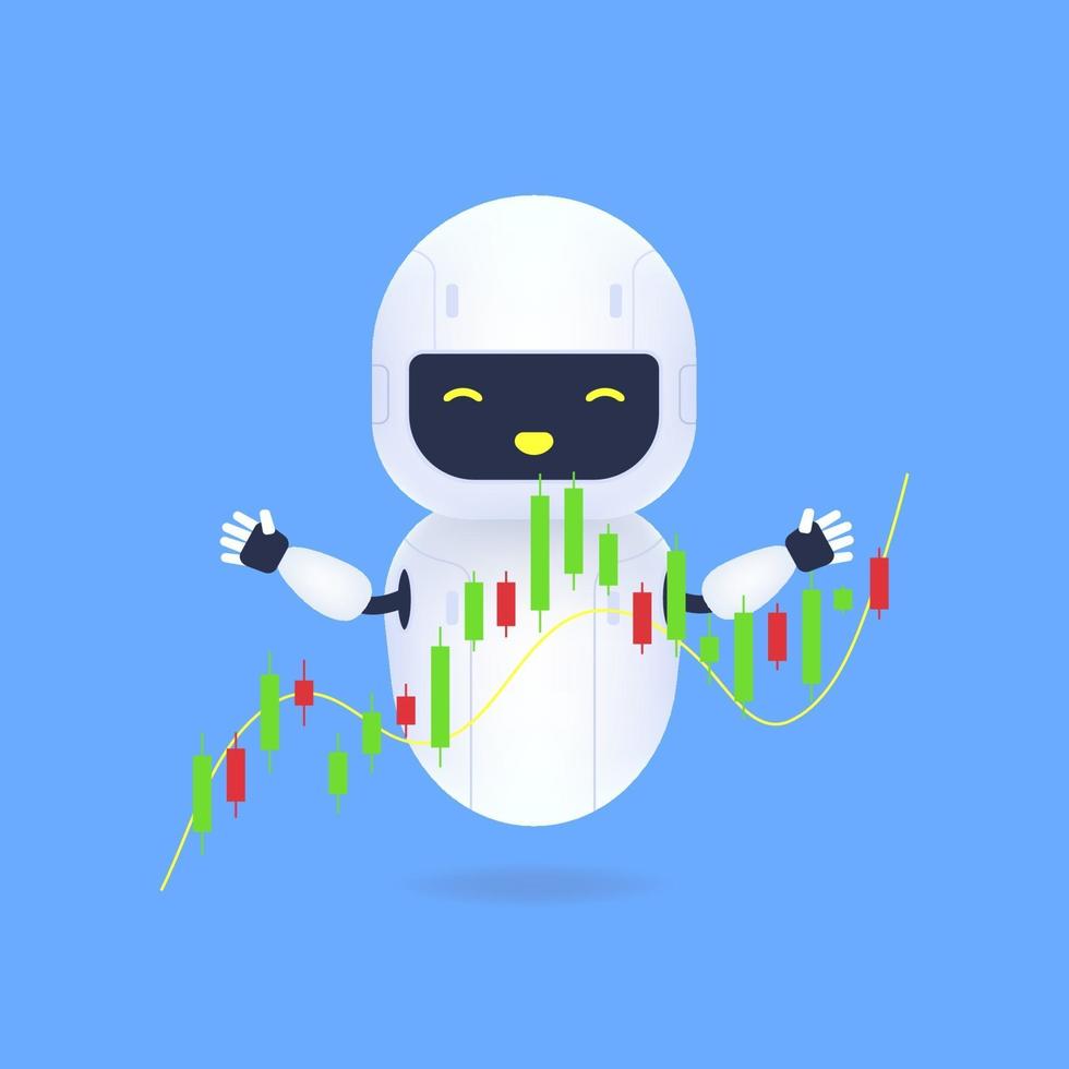 weißer freundlicher Roboter mit Forex-Karten. Der Handelsroboter überwacht die Bewegung des Aktienwerts auf dem Candlestick-Chart. vektor