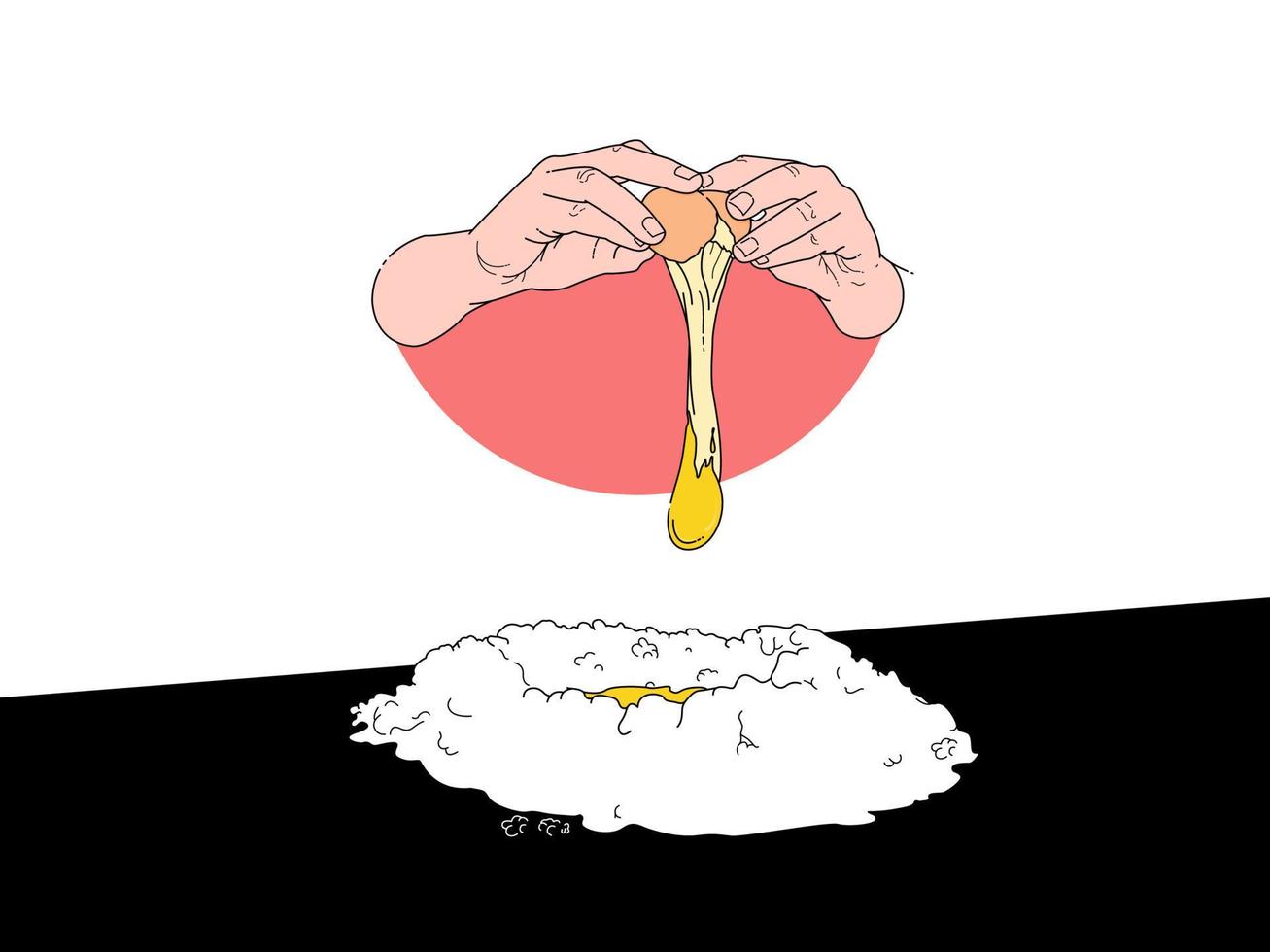 händer öppning ägg och dropp ägg äggulor på topp på en vete för framställning en bageri vektor