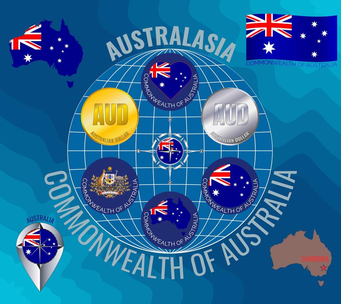 uppsättning av vektor illustrationer av flagga, kontur Karta, pengar, ikoner av Australien. resa begrepp.