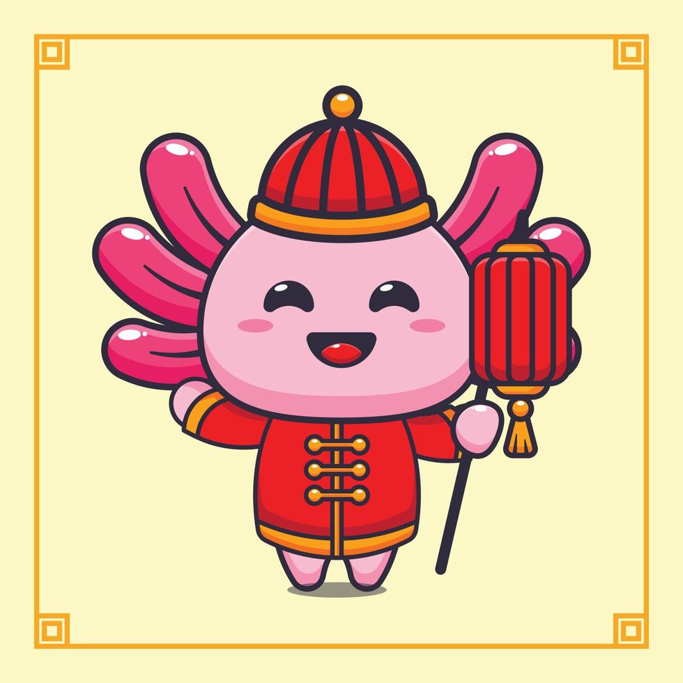 söt axolotl innehav lykta i kinesisk ny år. vektor
