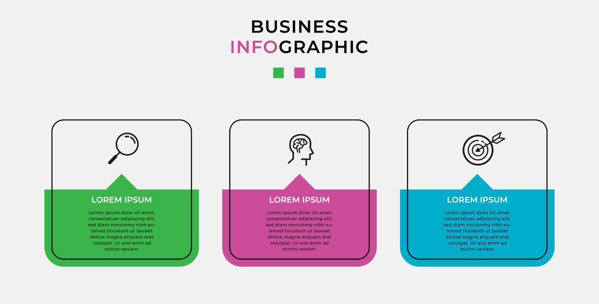 minimal affärsinfografikmall. tidslinje med 3 steg, alternativ och marknadsföringsikoner. vektor linjär infografisk med två cirkel konekterade element. kan användas för presentation.