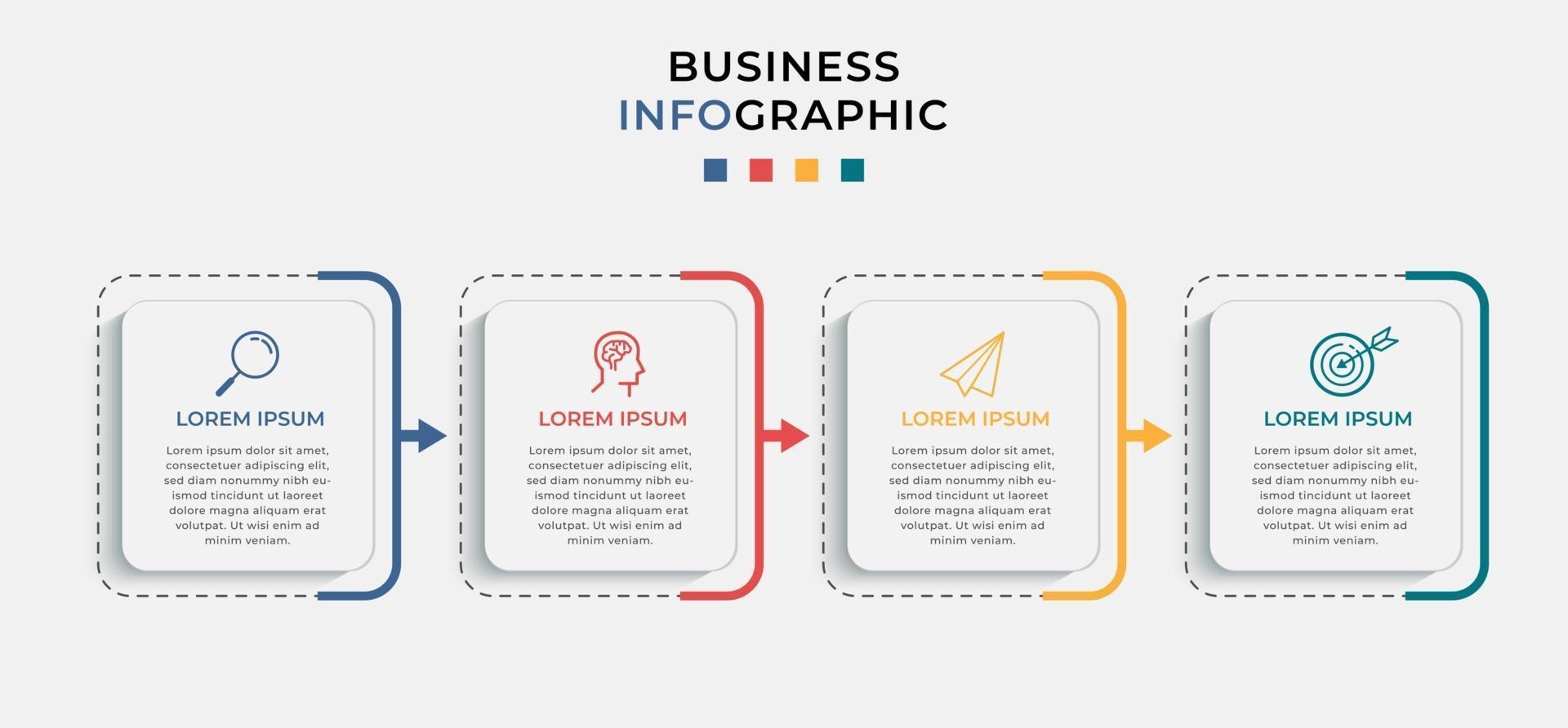 Business-Infografik-Design-Vorlagenvektor mit Symbolen und 4 vier Optionen oder Schritten. Kann für Prozessdiagramme, Präsentationen, Workflow-Layout, Banner, Flussdiagramm und Infografik verwendet werden vektor