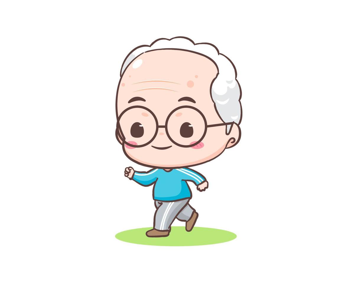 süß Großvater oder alt Mann Karikatur Charakter. Opa Joggen oder Betrieb. kawaii Chibi Hand gezeichnet Stil. bezaubernd Maskottchen Vektor Illustration.