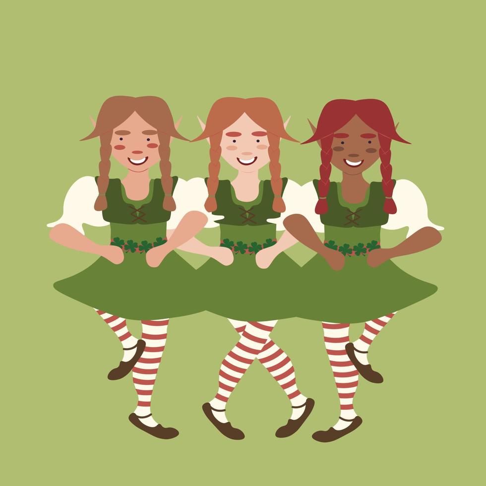 fyrkant vektor illustration av tre dans pyssling flickor på grön bakgrund. helgon patrick dag design