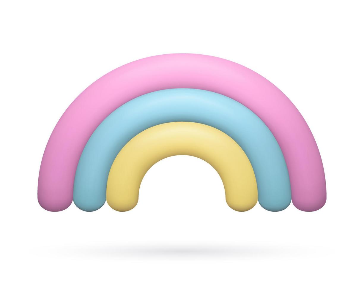 3d Regenbogen Wetter Symbol. realistisch Lehm drei dimensional Karikatur Bogen. süß Baby Design Element im Pastell- Rosa, Blau und Gelb Farben. vektor