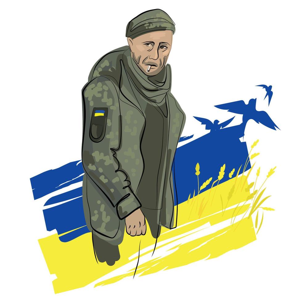 Soldat von das ukrainisch Heer Wer genannt Ruhm zu Ukraine zum das zuletzt Zeit Vektor illustration.soldat von Ukraine auf das Hintergrund von das Flagge mit fliegend Vögel und Ohren von Weizen