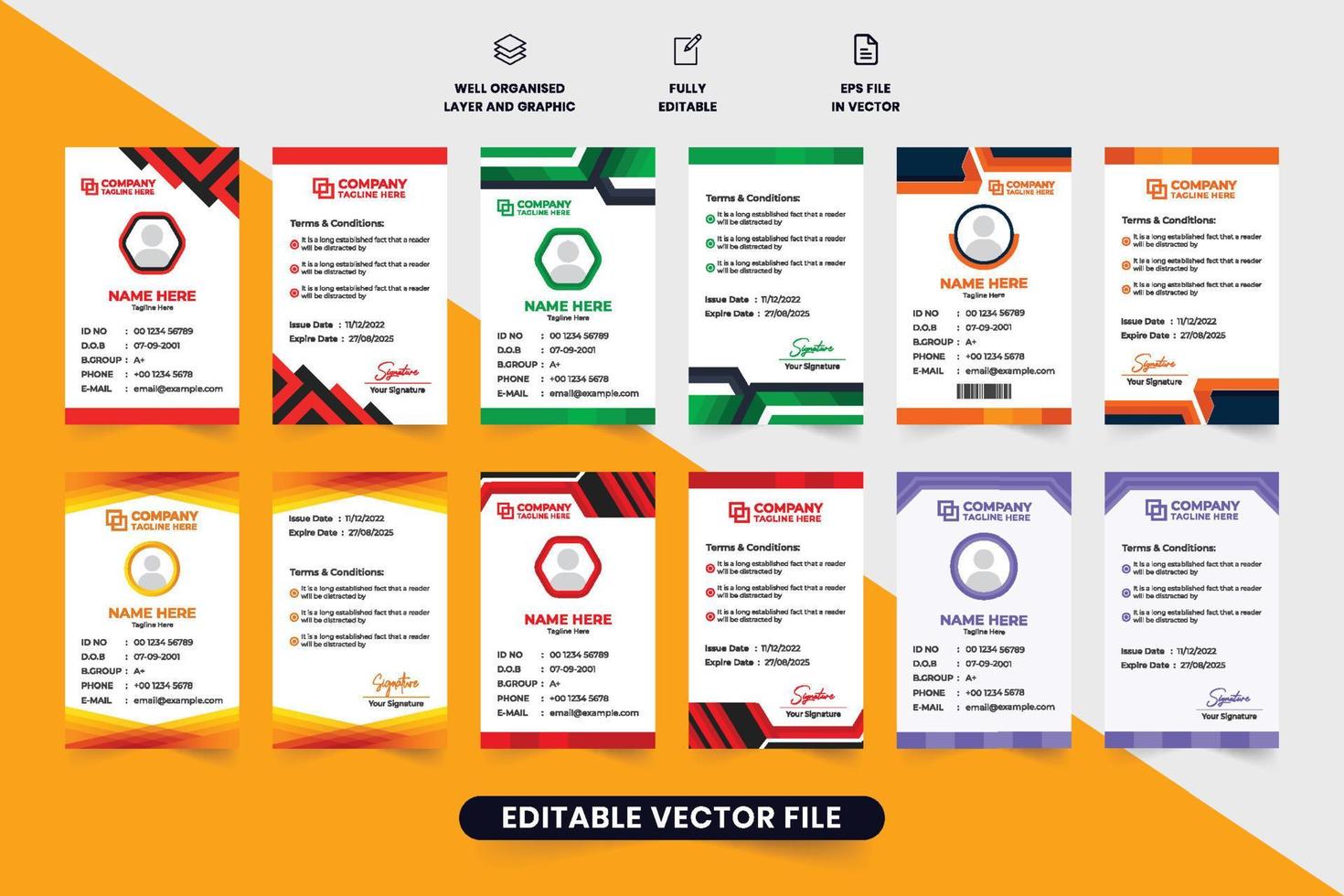 minimal identitet kort design samling med röd och orange färger. företag eller akademisk id kort uppsättning design för anställda eller studenter. företags- identitet kort vektor bunt med abstrakt former.