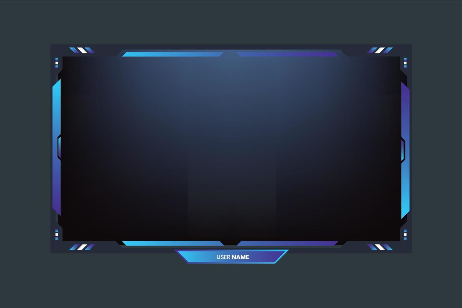 futuristisches Live-Gaming-Overlay-Template-Design mit blauer Farbe auf dunklem Hintergrund. Stream-Bildschirm-Schnittstellenelemente Vektor für den Online-Gamer. Rahmenranddesign für Live-Spiele mit Lichteffekt.