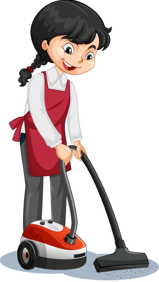 Dienstmädchen-Zeichentrickfigur, die Uniform mit Staubsauger trägt vektor