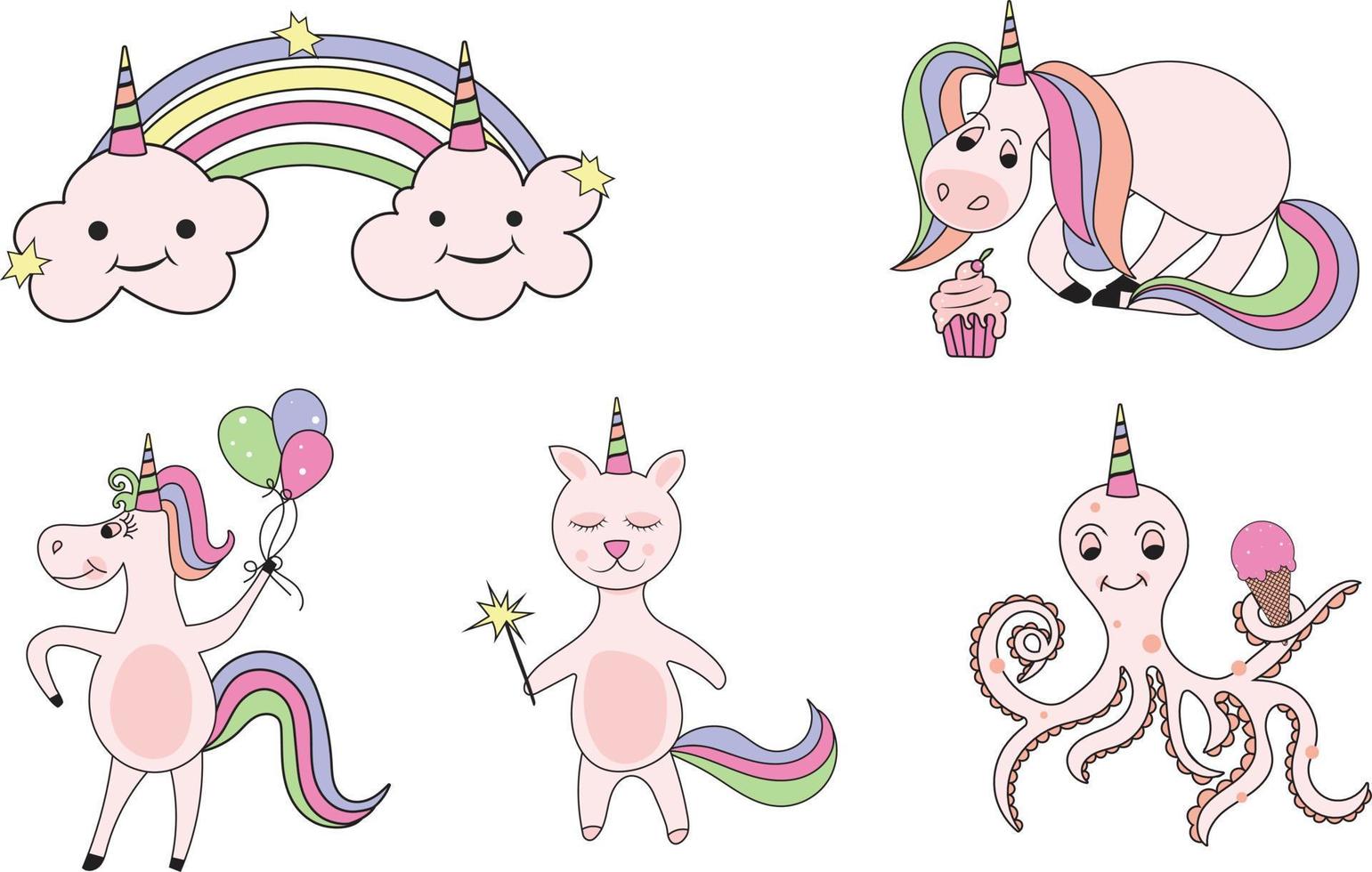 Regenbogen Einhorn Charakter einstellen zum Kinder Design, Hand gezeichnet Gekritzel Kunst zum Karten und Einladung vektor