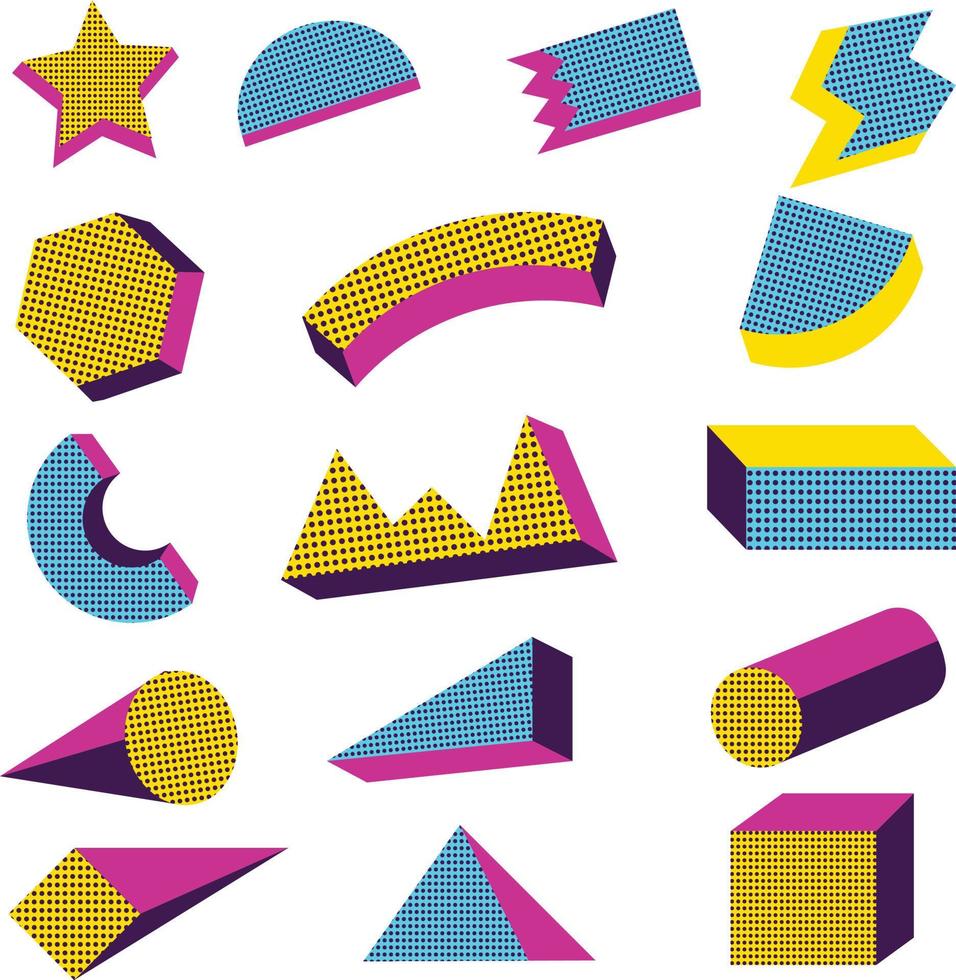 färgrik retro 3d geometrisk former för modern baner design, affisch, barns bok, folder, flygblad, broucher och Mer vektor