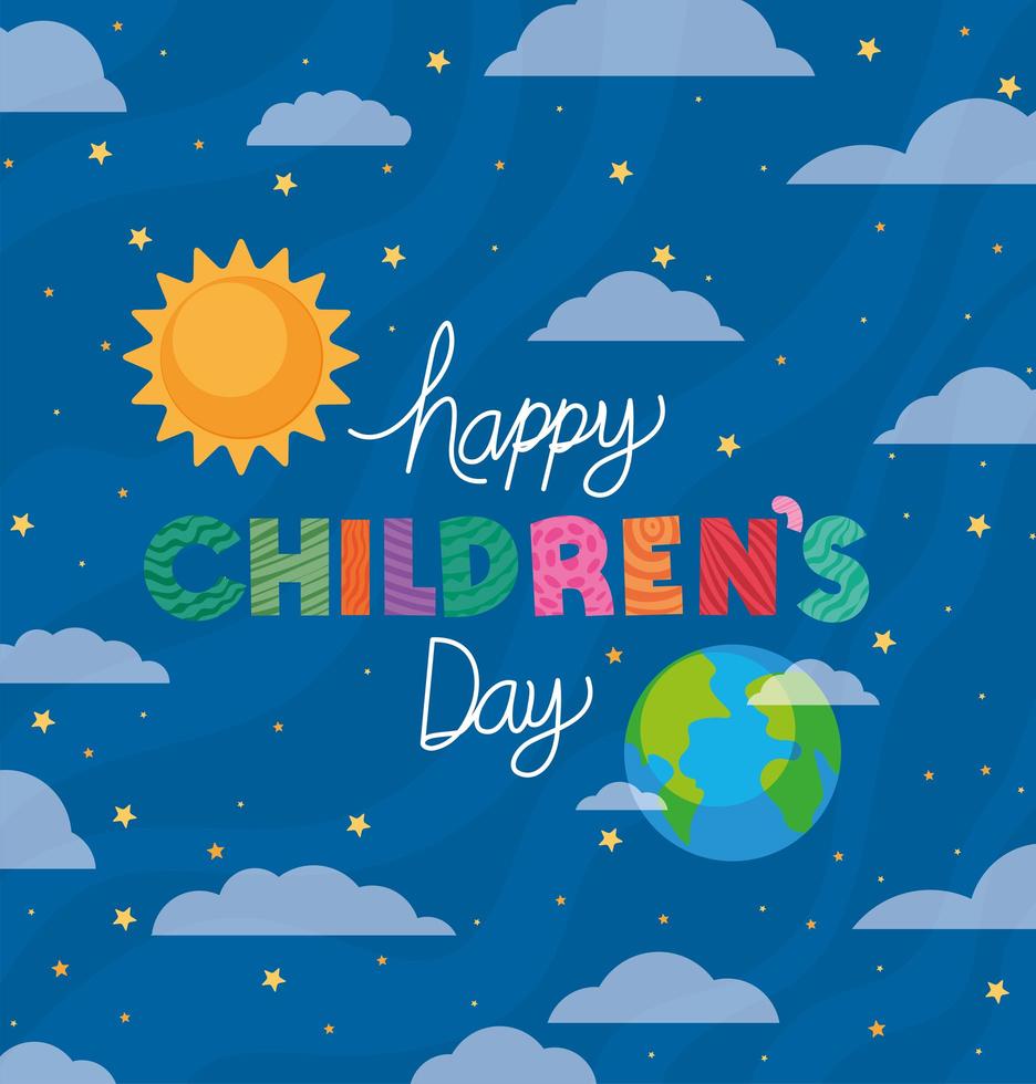glücklicher Kindertag mit Vektorentwurf der Sonne, der Welt und der Wolken vektor