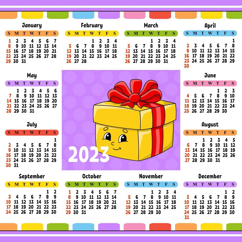 Kalender für 2023 mit niedlichem Charakter. Spaß und helles Design. Cartoon-Stil. Vektor-Illustration. vektor