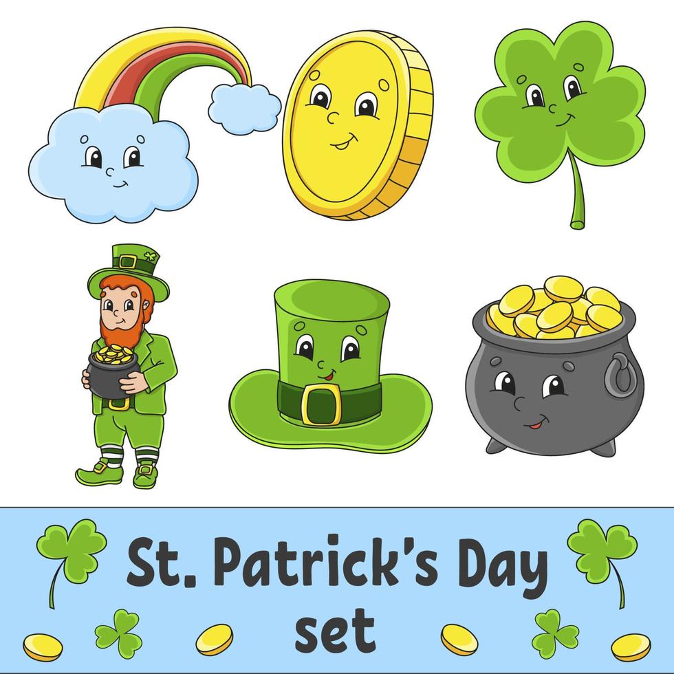 Set Aufkleber mit süßen Zeichentrickfiguren. st. Patricks Tag. handgemalt. bunte Packung. Vektor-Illustration. Patch-Abzeichen-Kollektion für Kinder. für Tagesplaner, Organizer, Tagebuch. vektor