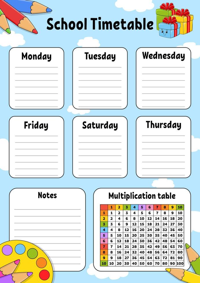 skola tidtabell. för de utbildning av barn. isolerat på Färg bakgrund. med en söt tecknad serie karaktär. vektor illustration.