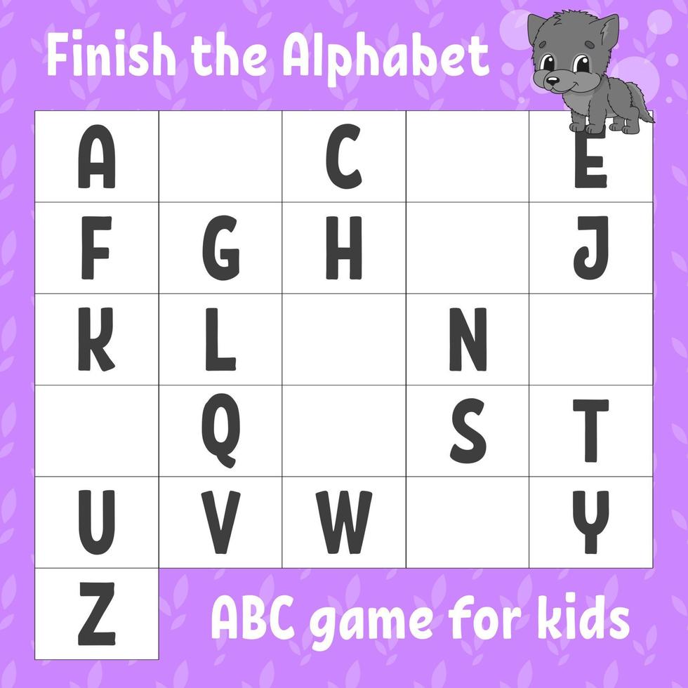 Avsluta de alfabet. ABC spel för ungar. utbildning utvecklande arbetsblad. inlärning spel för ungar. Färg aktivitet sida. vektor illustration.