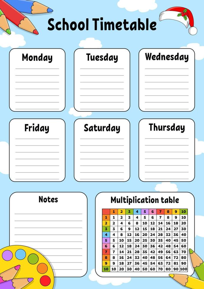 Stundenplan. für die Erziehung der Kinder. isoliert auf farbigem Hintergrund. mit einer süßen Zeichentrickfigur. Vektor-Illustration. vektor