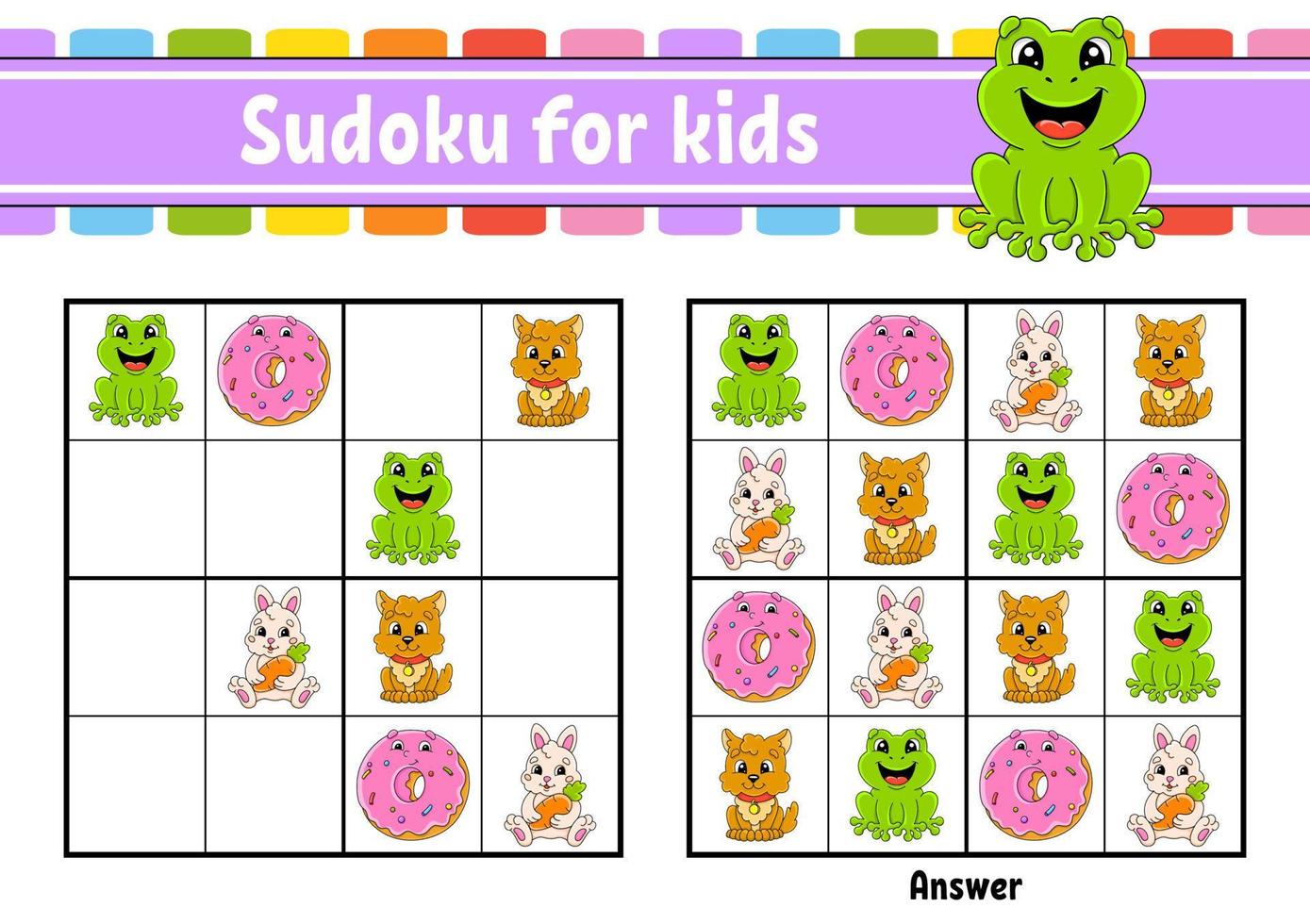 Sudoku für Kinder. arbeitsblatt zur bildungsentwicklung. Zeichentrickfigur. Aktivitätsseite in Farbe. Puzzlespiel für Kinder. logisches denken trainieren. Vektor-Illustration. vektor