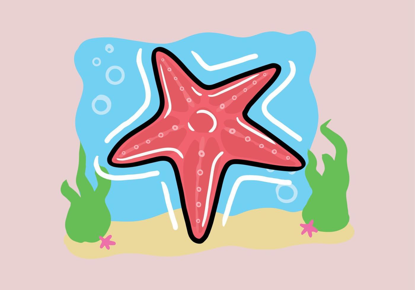 hand dragen illustration av röd hav stjärna i sand. platt vektor hav stjärna illustration.