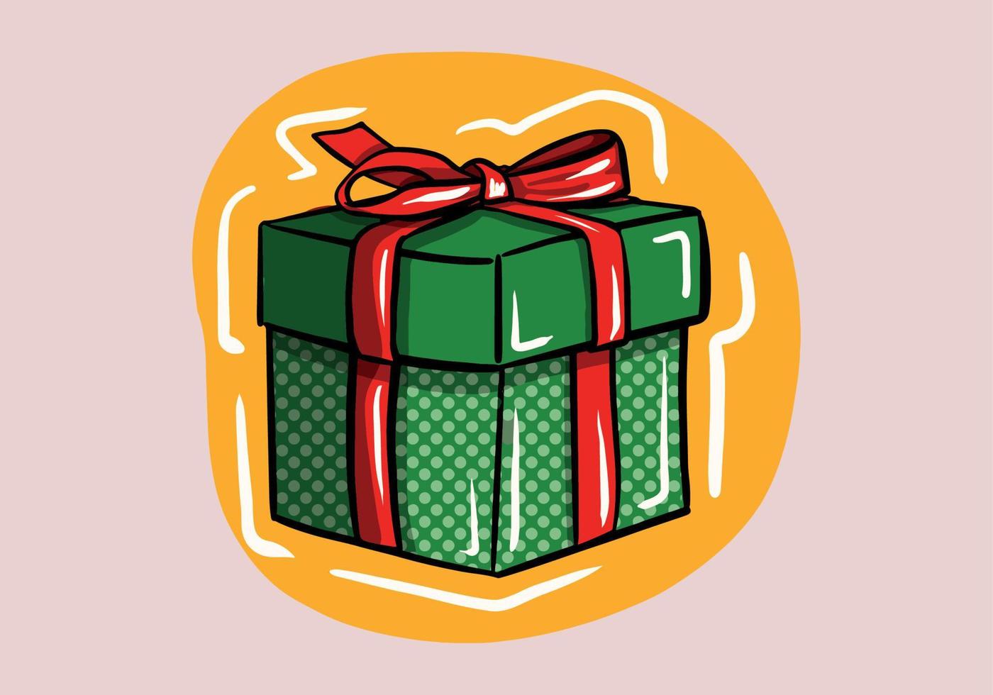 Hand gezeichnet Geschenk Kasten. Karikatur Grün Geschenkbox mit das rot Satin- Bogen und Punkte Dekoration, isoliert auf Hintergrund. vektor