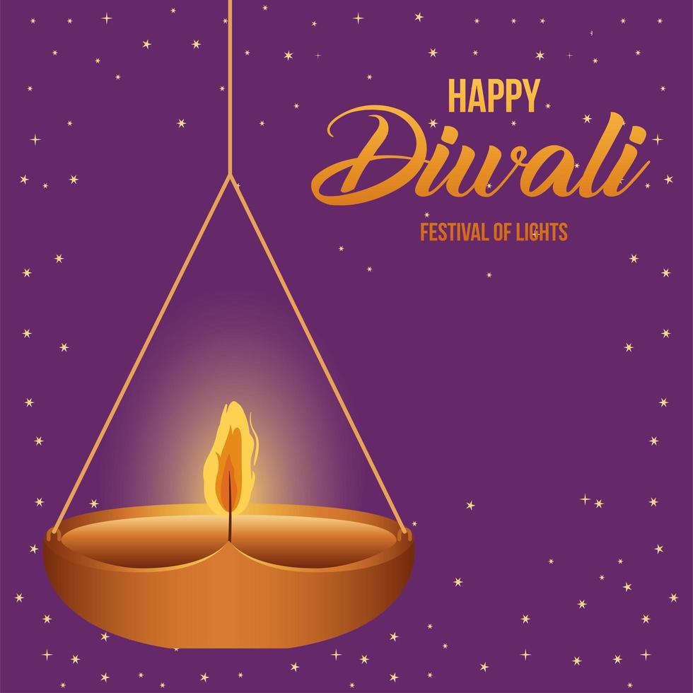 glückliche diwali hängende Kerze auf lila Hintergrundvektorentwurf vektor