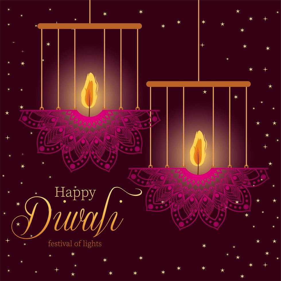 glada diwali hängande mandalastearinljus på lila bakgrundsvektordesign vektor