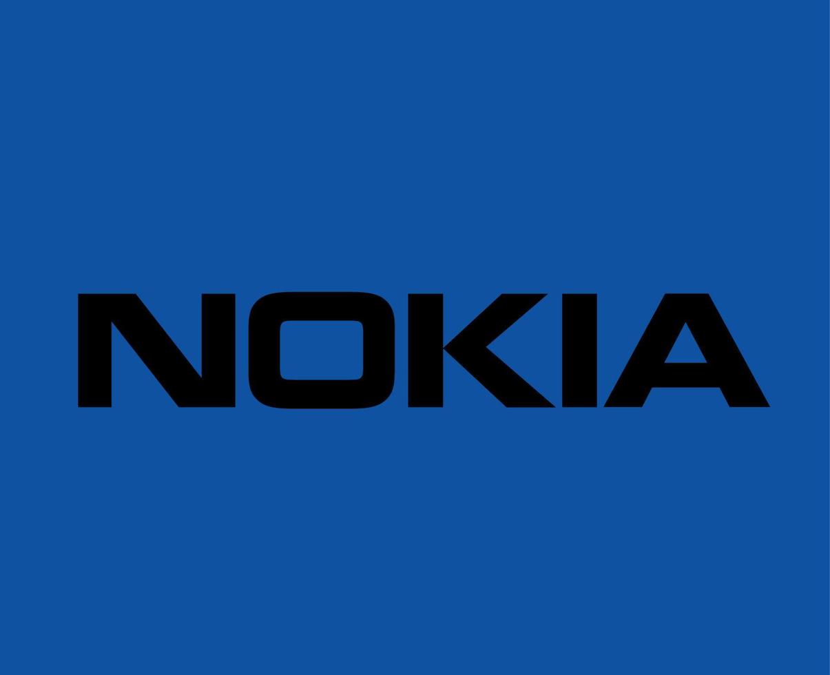 Nokia logotyp varumärke telefon symbol svart design finland mobil vektor illustration med blå bakgrund