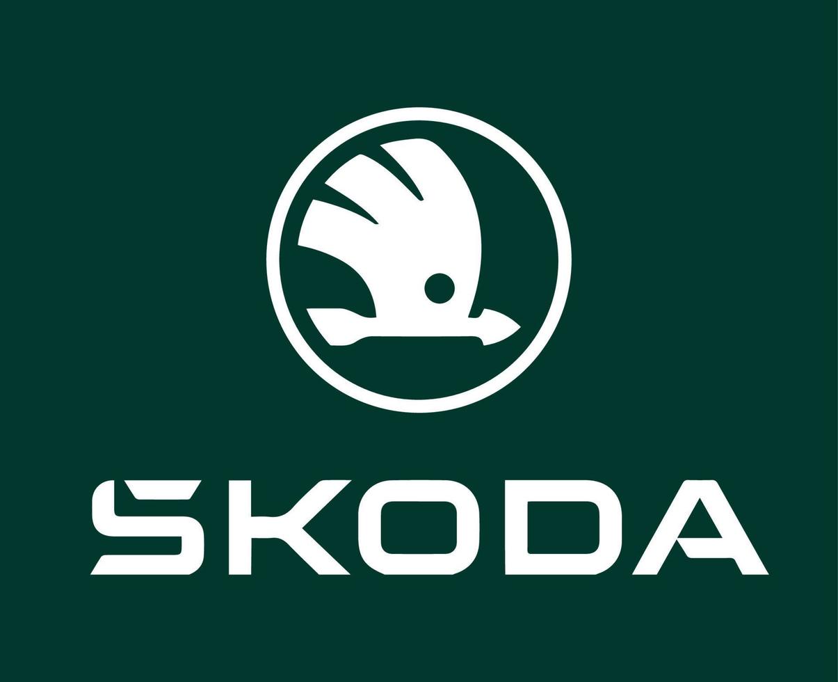 Skoda Marke Logo Symbol mit Name Weiß Design Tschechisch Auto Automobil Vektor Illustration mit Grün Hintergrund