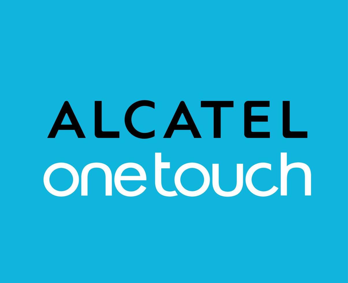 Alcatel einer berühren Logo Marke Telefon Symbol Name schwarz und Weiß Design Handy, Mobiltelefon Vektor Illustration mit Blau Hintergrund