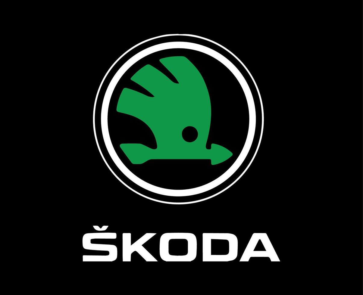 Skoda Marke Logo Auto Symbol mit Name Grün und Weiß Design Tschechisch Automobil Vektor Illustration mit schwarz Hintergrund