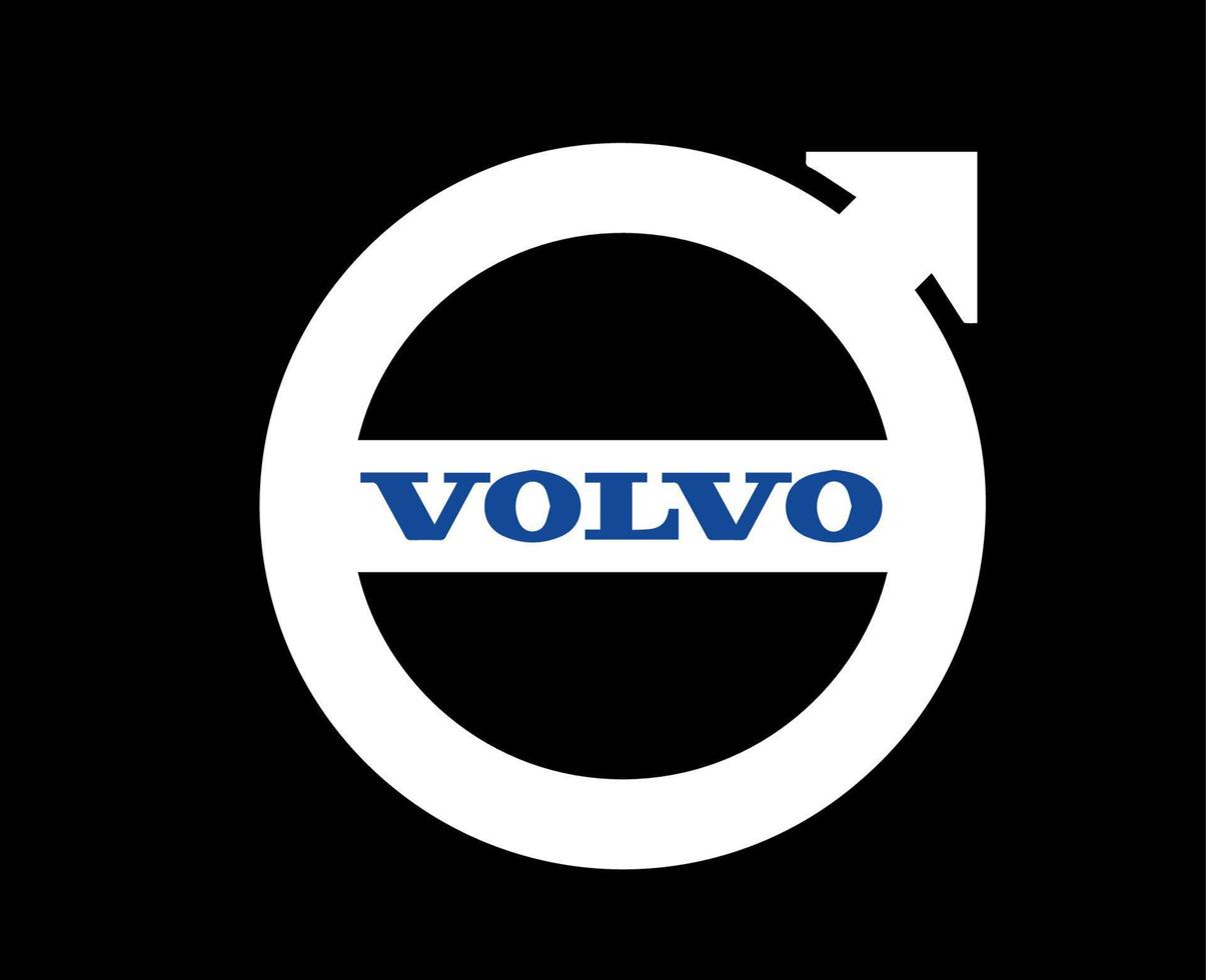 volvo logotyp varumärke bil symbol med namn vit och blå design svenska bil vektor illustration med svart bakgrund